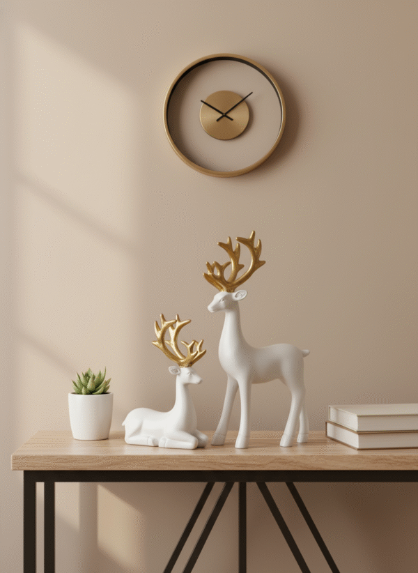 White Deer Couple Showpiece with Golden Antlers | Decorative Resin Reindeer Set for Home, Living Room & Office Table Décor | Pair Animal Statue for Gift & Decoration