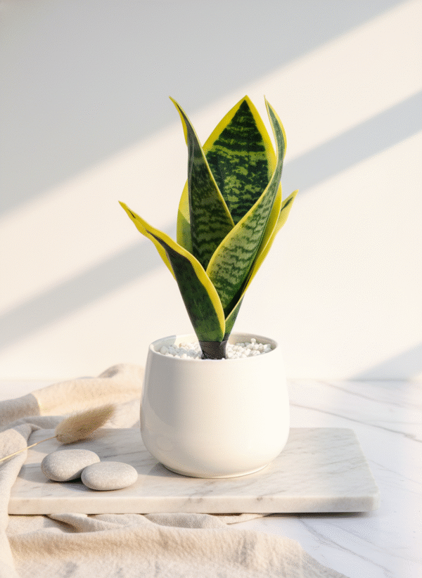 Artificial Snake Plant in White Ceramic Pot | Decorative Indoor Table Plant for Home & Office | Low Maintenance Premium Quality Leaf Plant