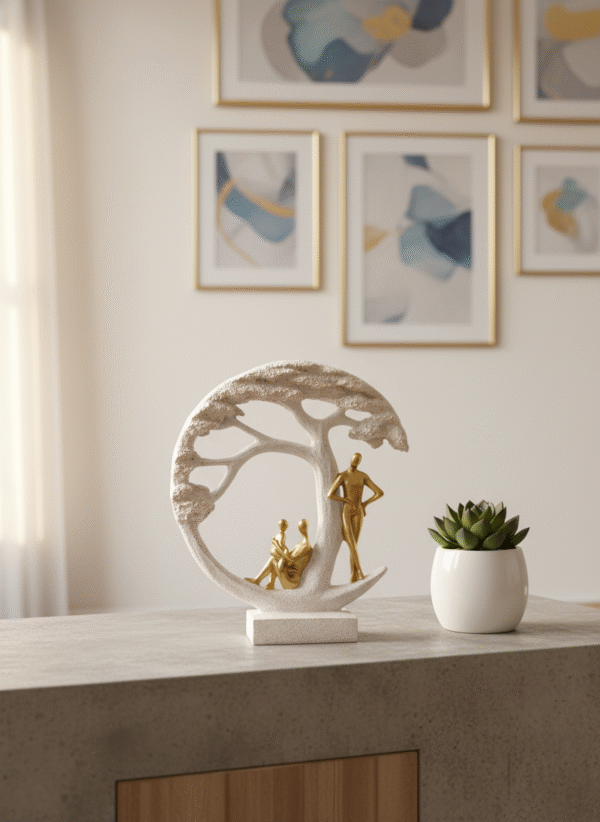 Modern Romantic Couple Under Tree Showpiece | Resin Decorative Sculpture for Home Decor | Love Couple Statue for Living Room, Bedroom & Office Decoration | Golden & White Art Figurine Gift
